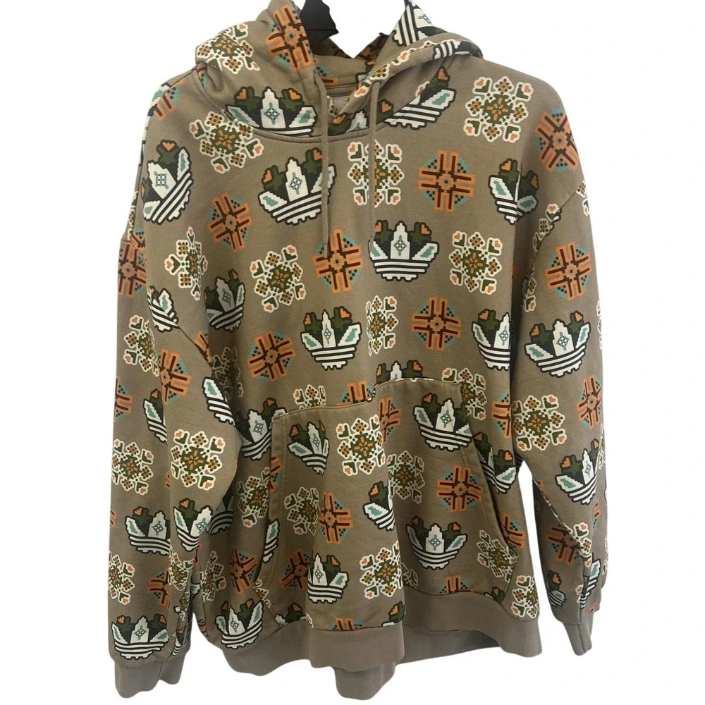 Adidas Originals Hoodie Mens 2XL Beige‎ Trefoil Allover Graphic Tile Pullover